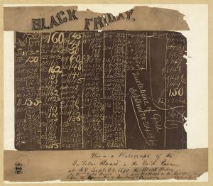 Photograph of the black board in the New York Gold Room, September 24, 1869, showing the collapse of the price of gold.